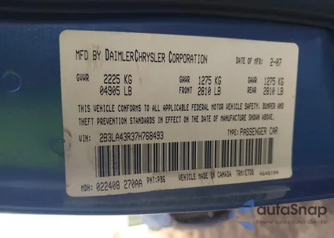 2007 Dodge Charger z USA, uszkodzony, nr VIN 2B3LA43R37H768493